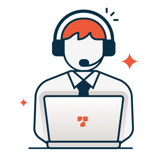Illustration of a customer support representative wearing a headset and working on a laptop.
