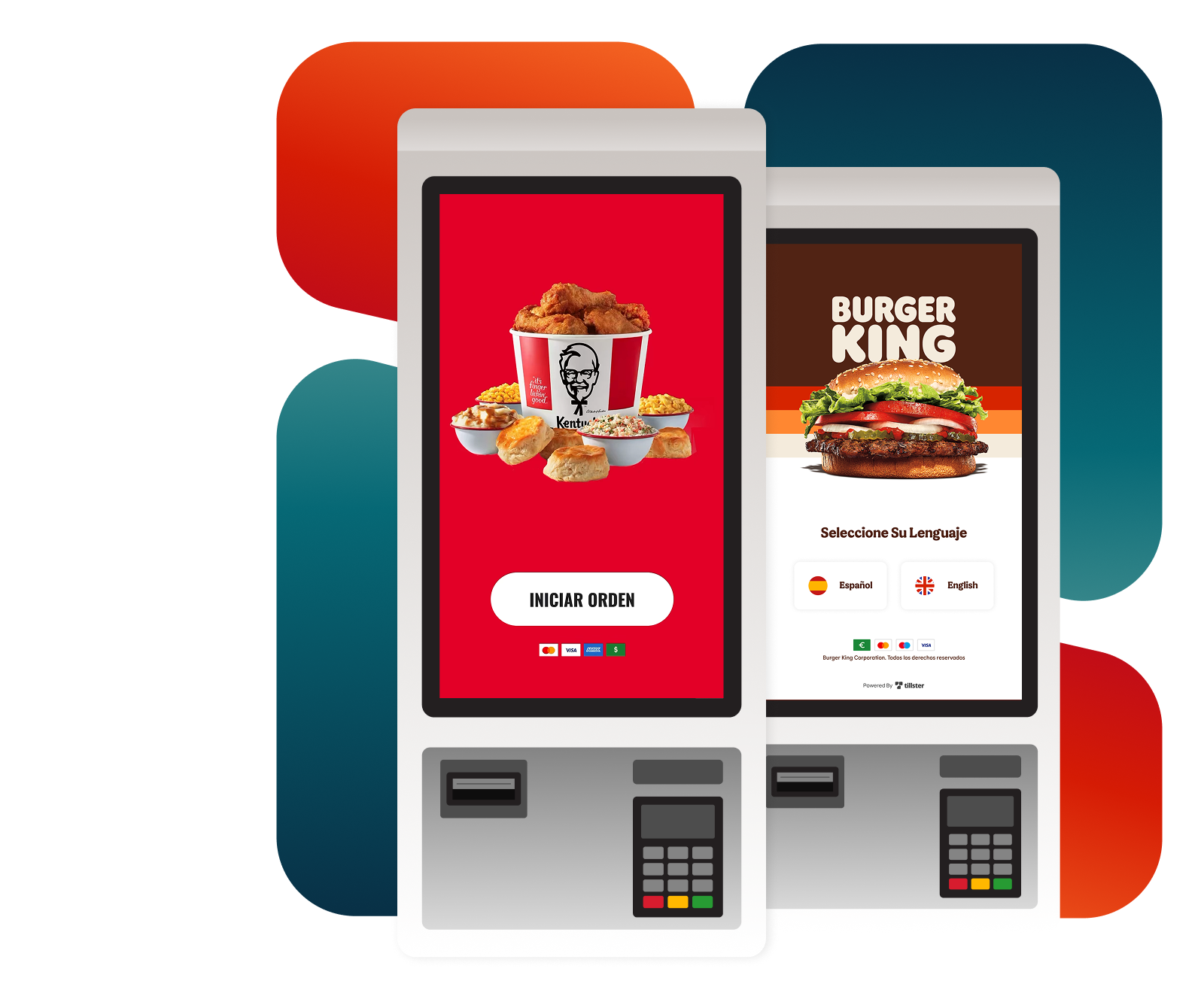 Two self-service restaurant ordering kiosks displaying branded menu interfaces for KFC and Burger King, representing on-premise digital ordering and payment in quick-service restaurants.