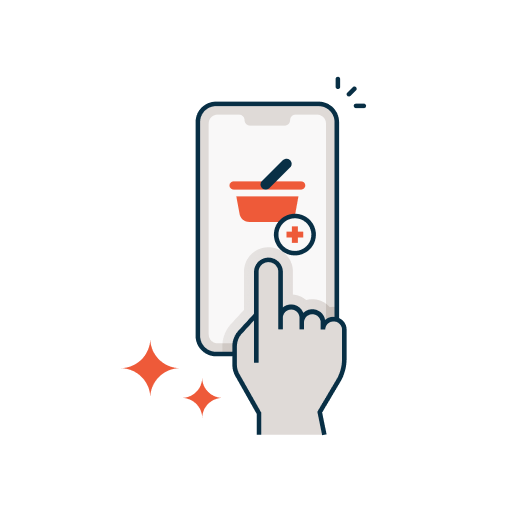 Illustration of a smartphone with a hand tapping a shopping cart icon with a plus sign, representing adding items to a digital food order in a restaurant mobile app.