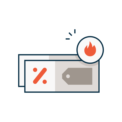 Illustration of a digital coupon with a percentage discount symbol and price tag, highlighted with a flame icon to represent a limited-time or hot promotion.