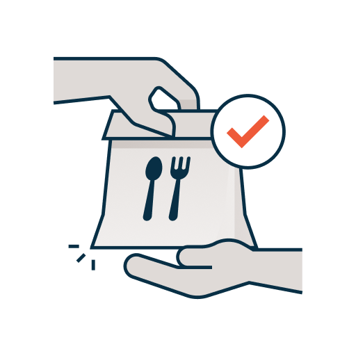 Illustration of a restaurant takeout order being handed to a customer, showing a hand placing food in a takeout bag with a checkmark symbol to represent confirmed pickup or order fulfillment.