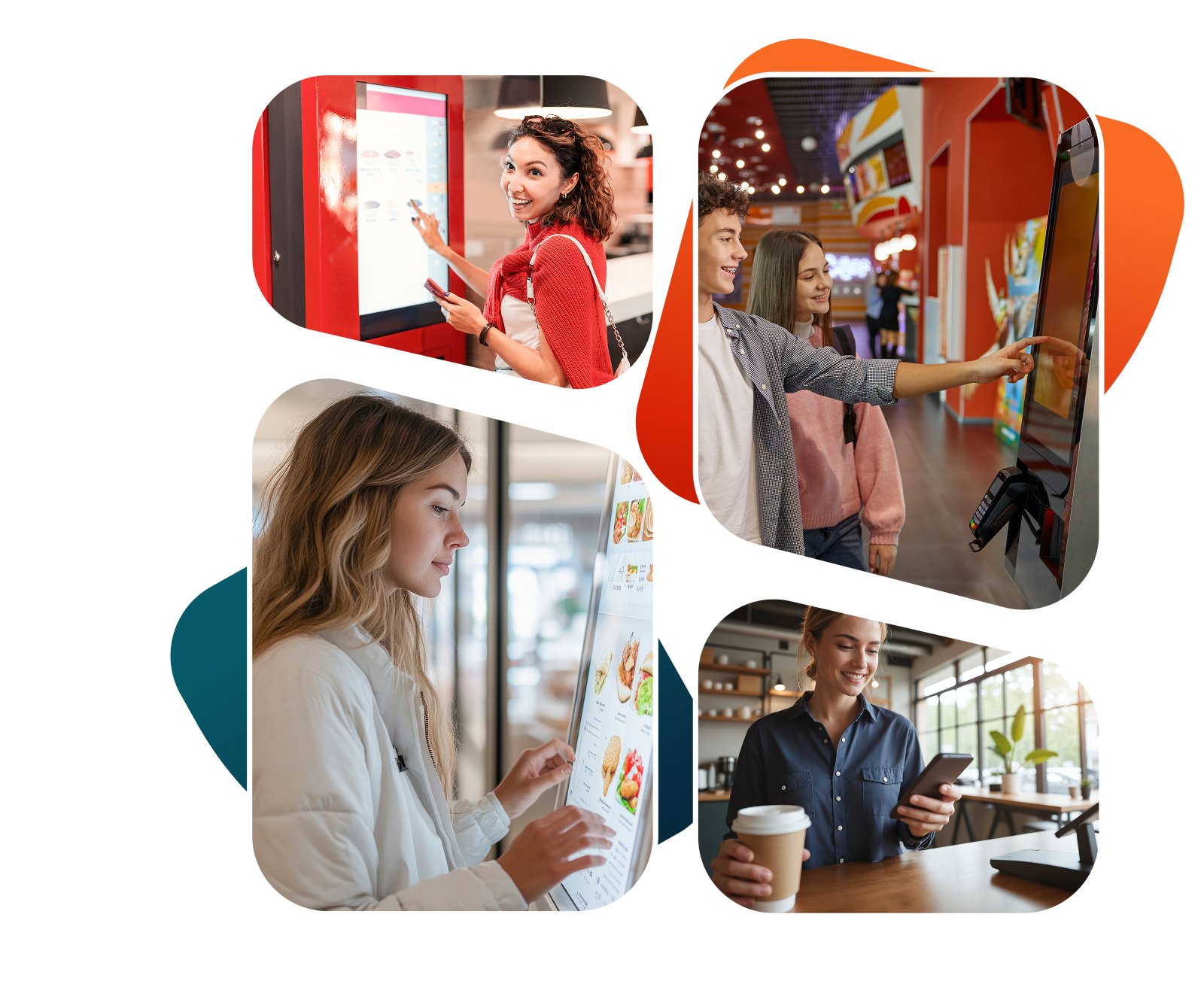 Collage of customers using self-service ordering kiosks and mobile devices in restaurant settings, highlighting digital ordering experiences across in-store and mobile channels.