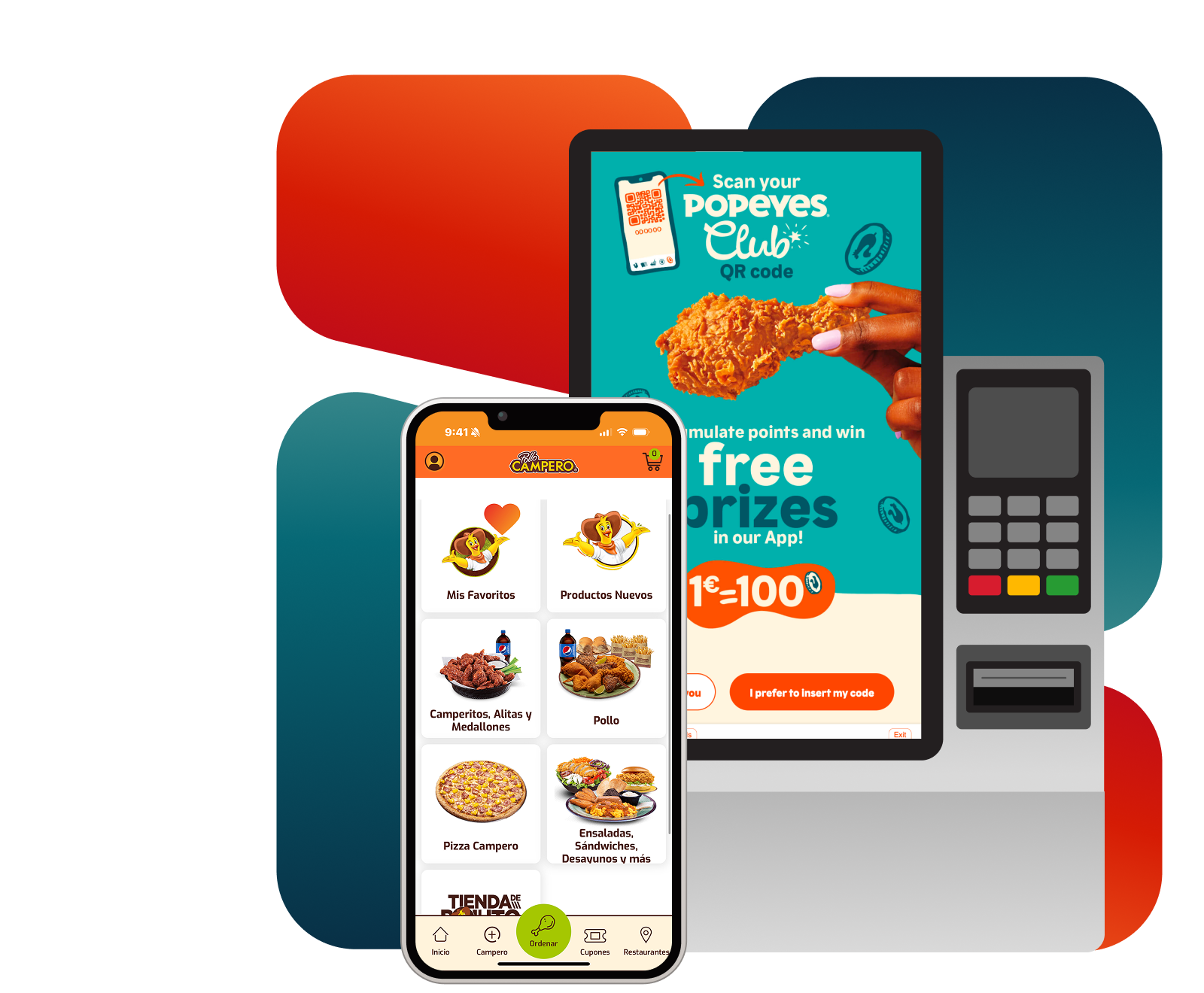 Illustration of a restaurant digital ordering ecosystem featuring a mobile app menu, a promotional loyalty screen with QR code scanning, and a self-service kiosk terminal, representing integrated ordering, promotions, and payments across devices.