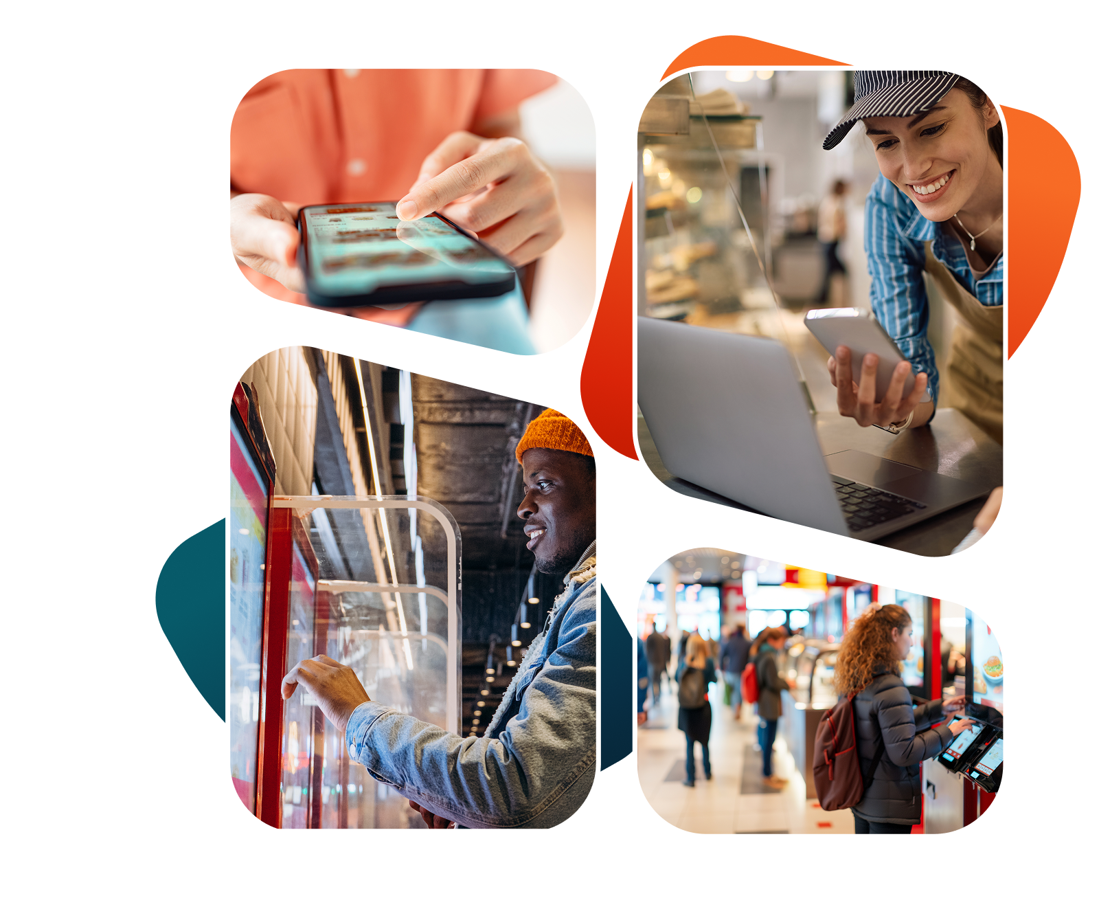 Collage showing customers using restaurant technology including mobile ordering, self-service kiosks, and digital menu ordering.