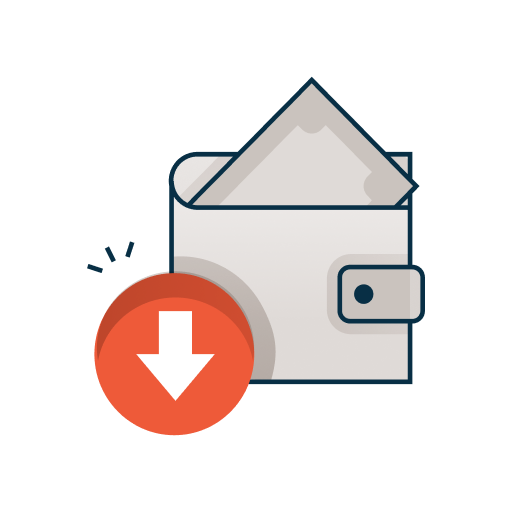 Illustration of a wallet with a downward pointing arrow icon.