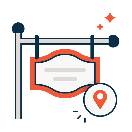 Illustration of a storefront sign hanging from a pole with a location pin icon.