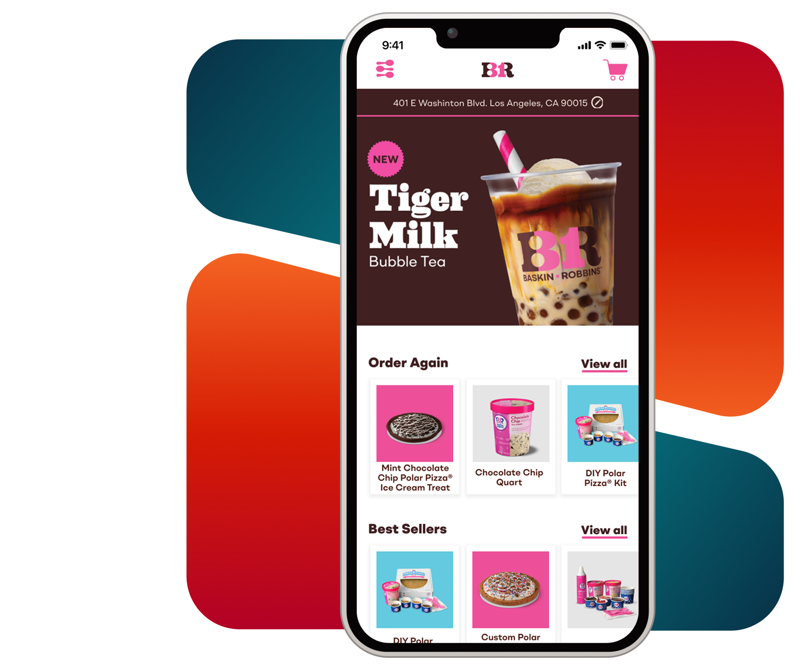 Mobile ordering app interface on a smartphone displaying a restaurant menu and featured drink.