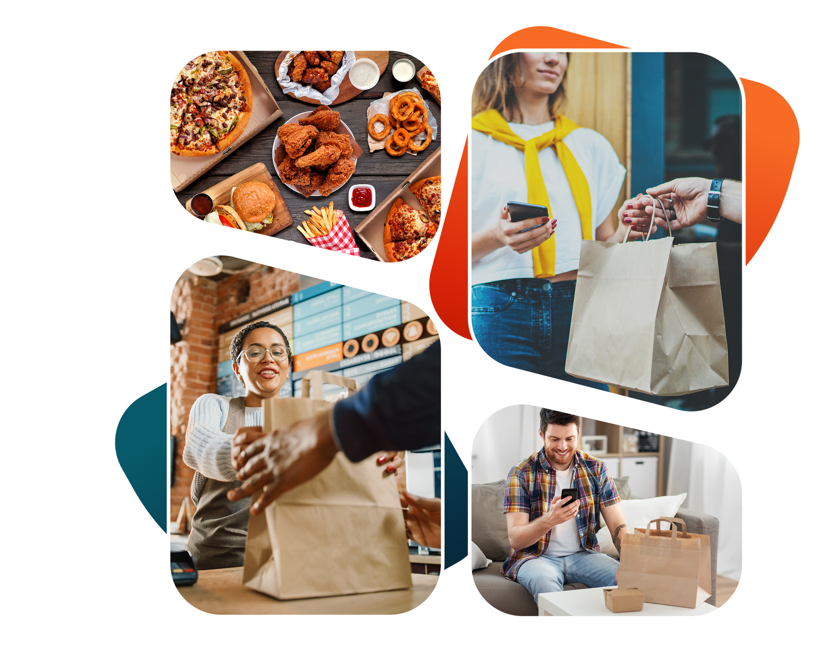Collage showing restaurant food, takeout pickup, and customers ordering and receiving food through digital and in-store channels.