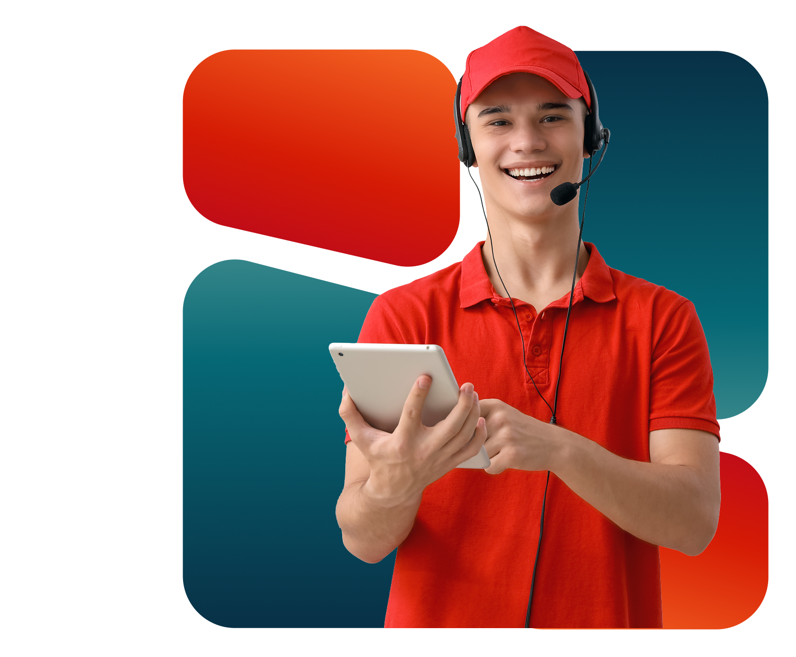 Smiling customer service representative in a red uniform and headset holding a tablet against a branded graphic background.
