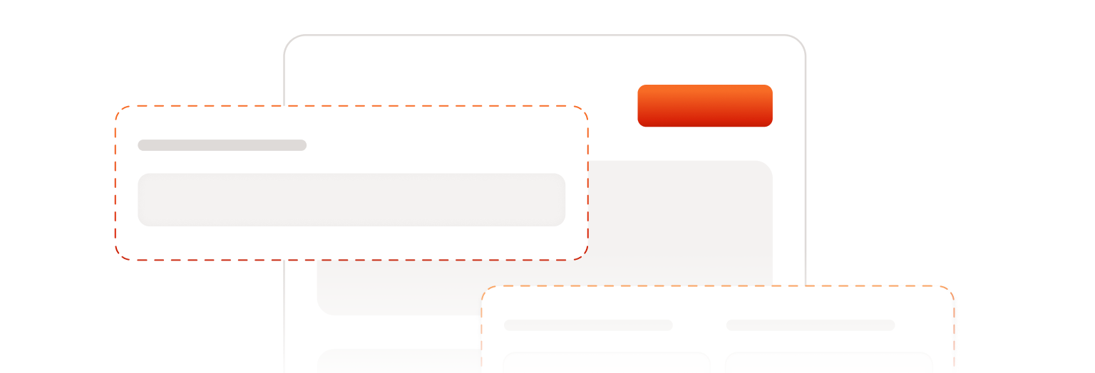 Layered web interface screens with highlighted content sections outlined in dashed lines, representing customizable UI components and flexible layout configuration in a digital ordering platform.