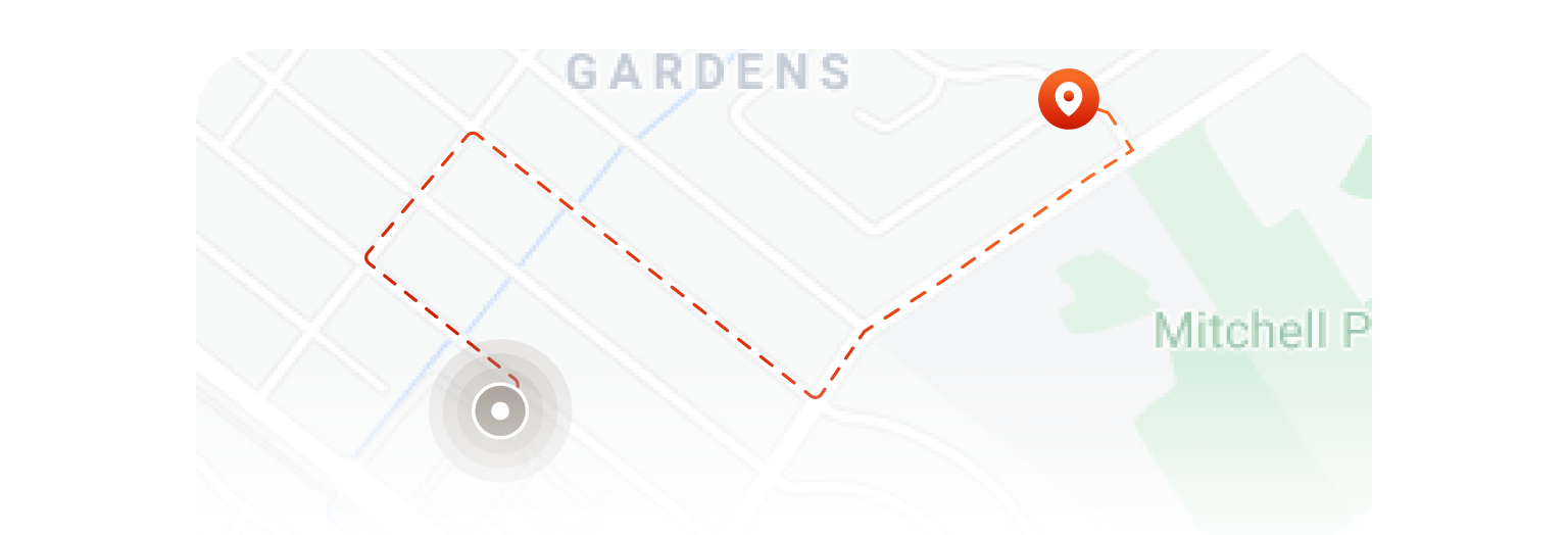 Map interface showing a route from a user’s location to a destination marked by a pin, representing location-based services and order routing for pickup or delivery.