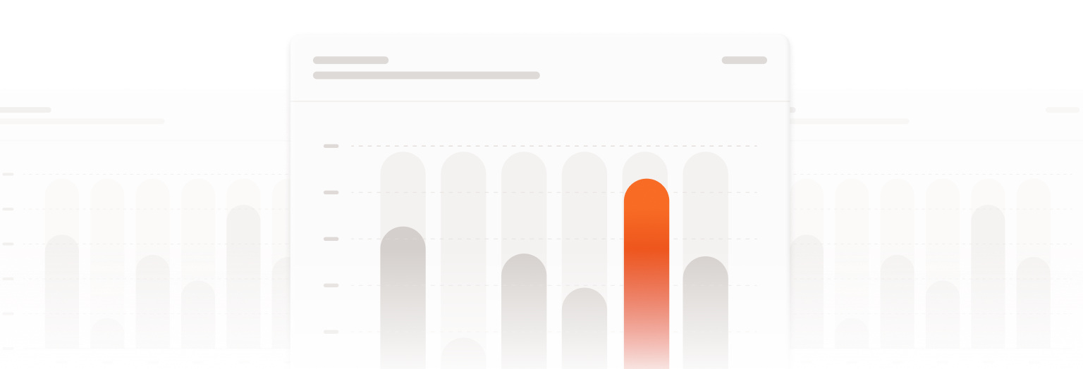 Analytics dashboard with multiple bar charts, highlighting one prominent bar in orange, representing data insights, performance tracking, and growth measurement.