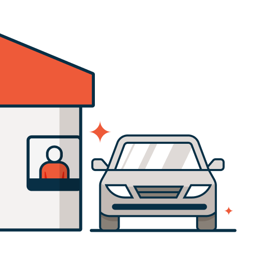 Drive-thru window with a person inside and a gray car waiting outside.