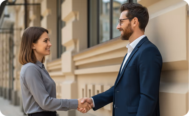 A professional man in a navy blazer and a woman in a gray shirt smiling and shaking hands outside a building.