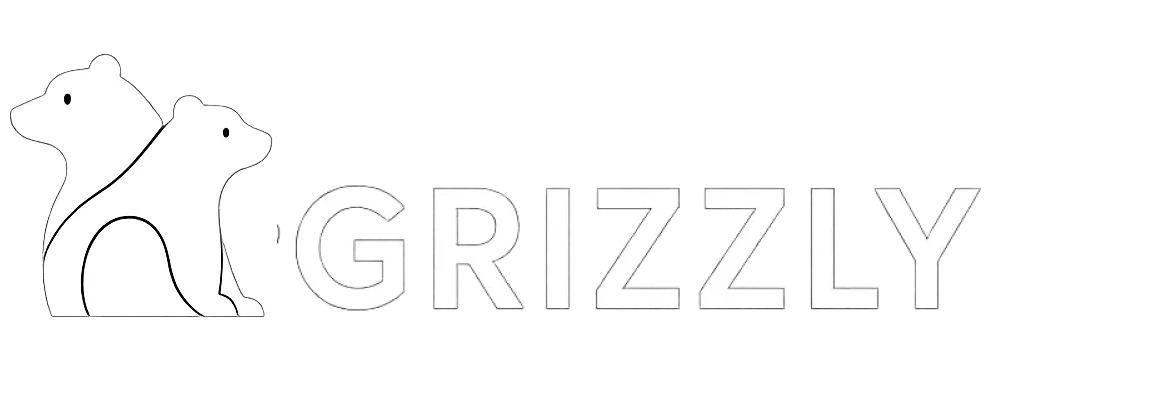 Logo avec deux ours blancs stylisés assis dos à dos à gauche du mot GRIZZLY en lettres majuscules blanches.
