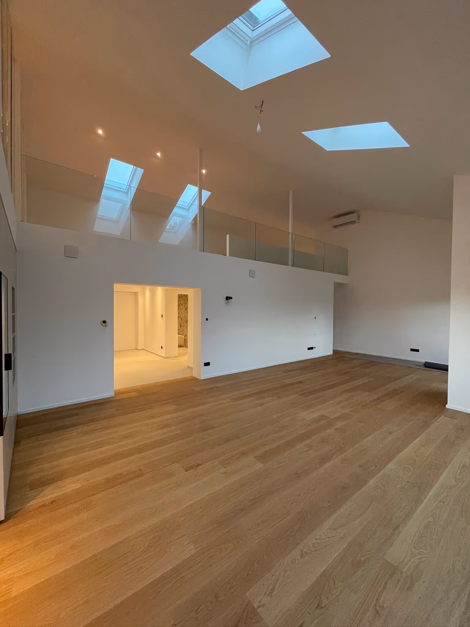 Innenraum in Gau-Algesheim: heller Raum mit Dachfenstern und Holzfußboden – Neubau/Modernisierung