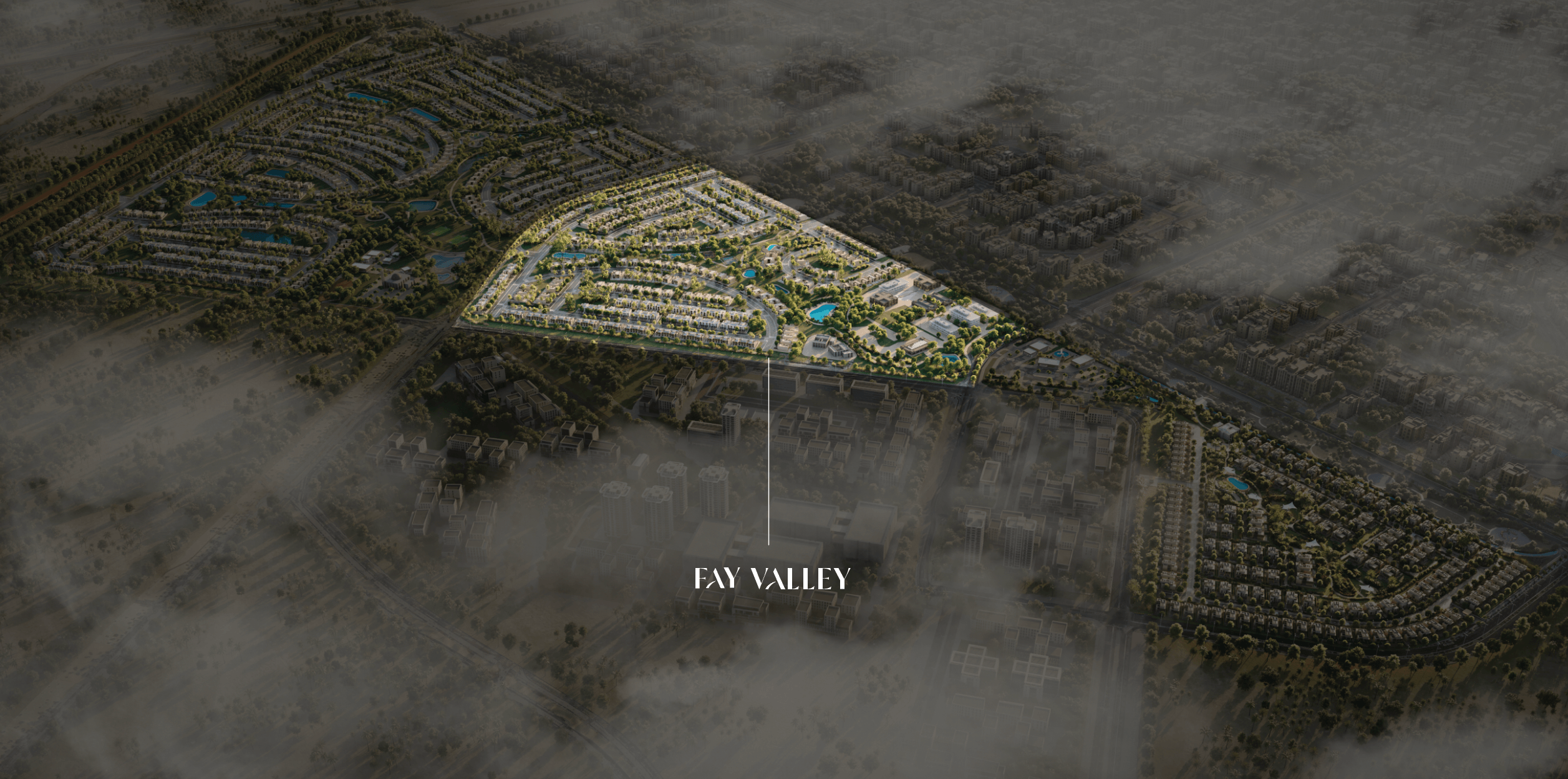 Aerial view of a large residential neighborhood with rows of modern houses, green trees, a central park area, and a swimming pool.