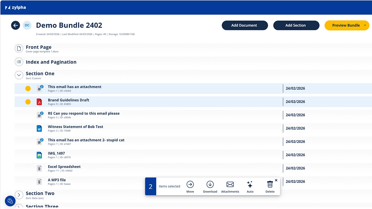 Screenshot of Zylpha Court Bundling adding documents