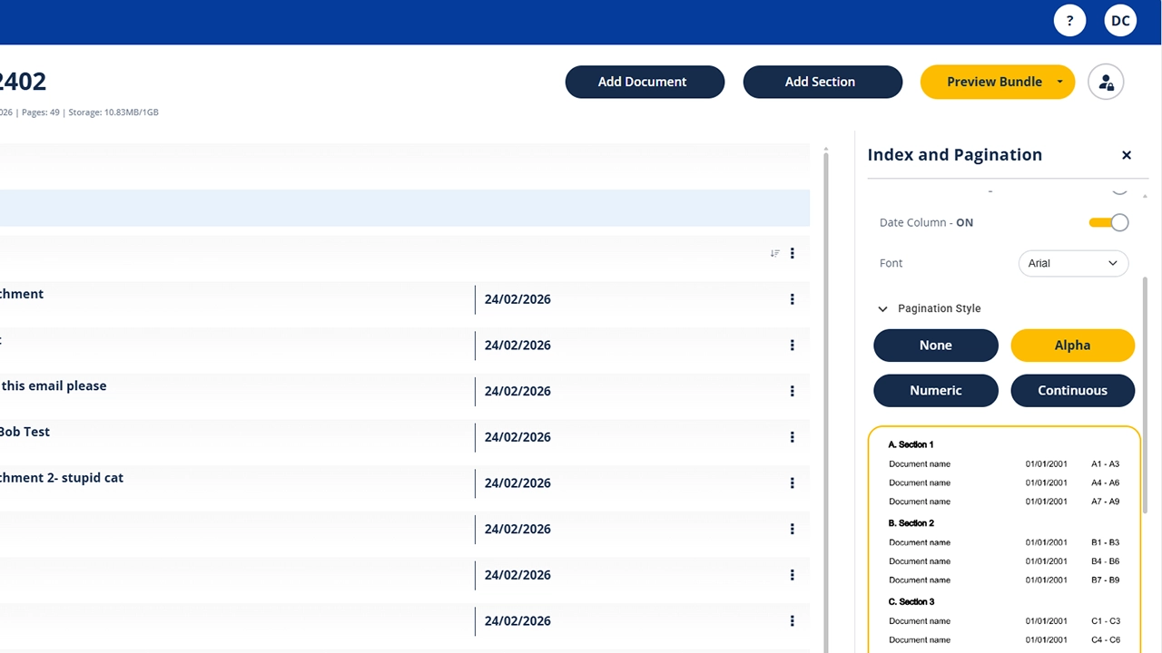 Screenshot of Zylpha Court bundling setting pagination & numbering