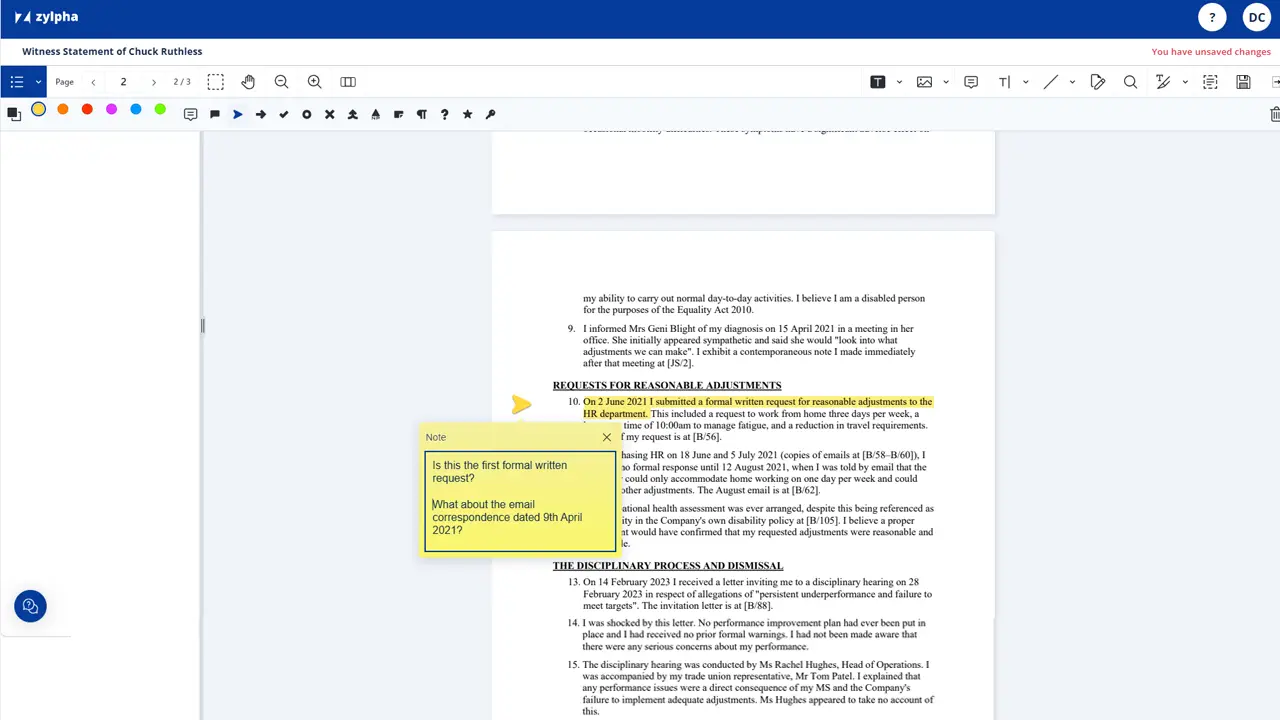 Add notes to Court bundle