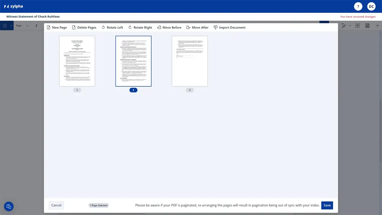 Zylpha move pages in Court bundle