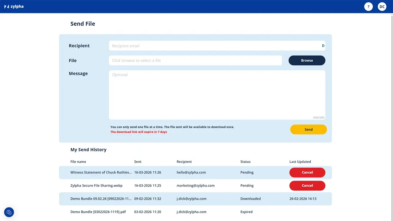 Screenshot of Zylpha Court Bundling Platform Secure Sharing Features