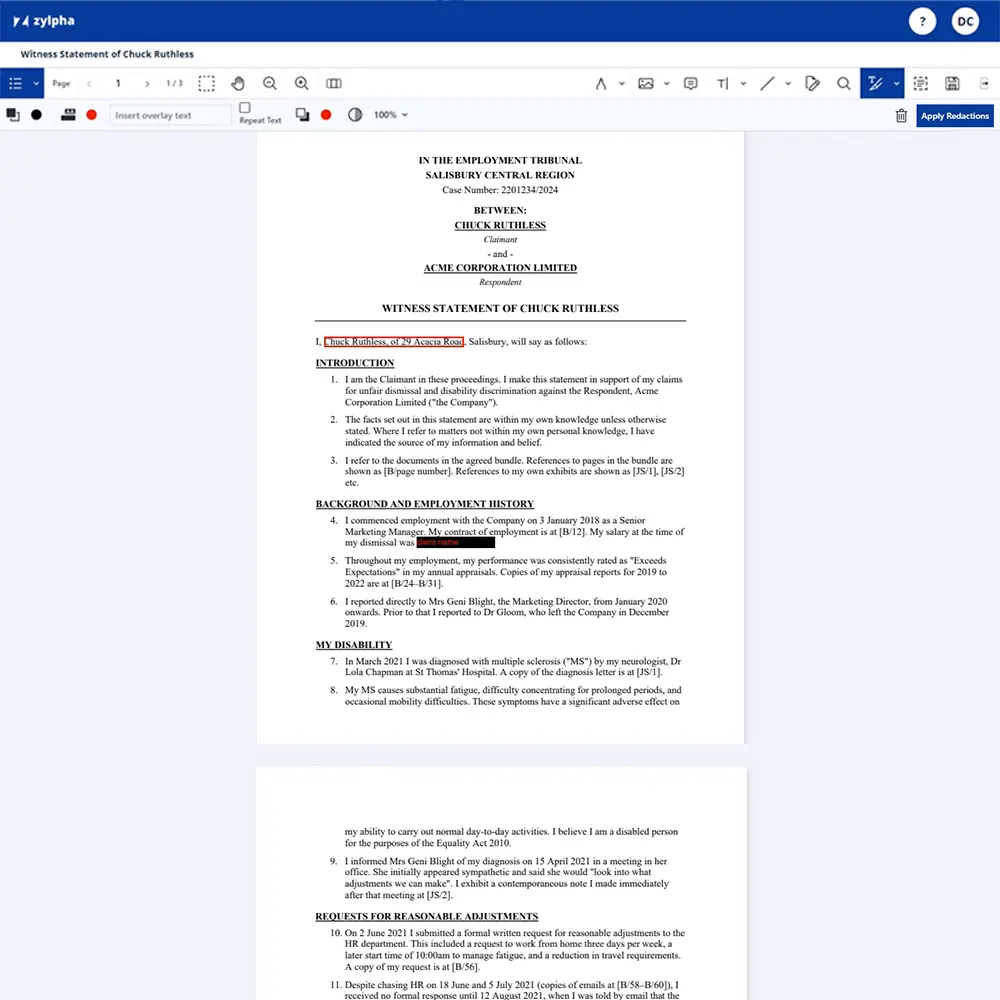Screenshot of Zylpha Text Redaction for Court Bundle Software