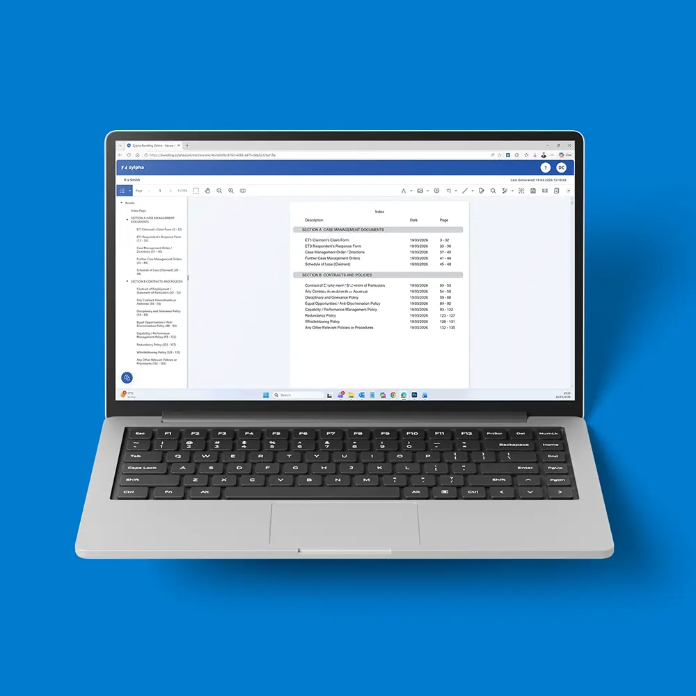 Automatically created bookmarks and hyperlinks in a Zylpha Court bundle