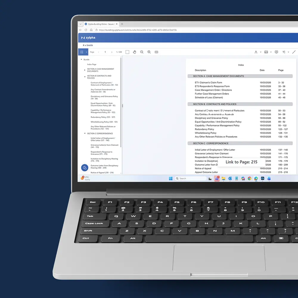 Screenshot of Zylpha Court bundling software with instant index