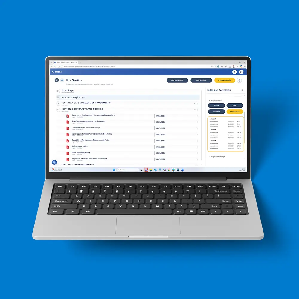 Different numbering styles available in Zylpha Court bundling