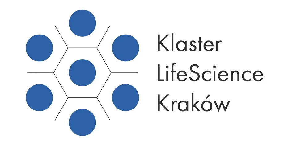 Logo klastra LifeScience Kraków przedstawiający sześć niebieskich kółek wokół centralnego kółka połączonych liniami z napisem Klaster LifeScience Kraków po prawej stronie.