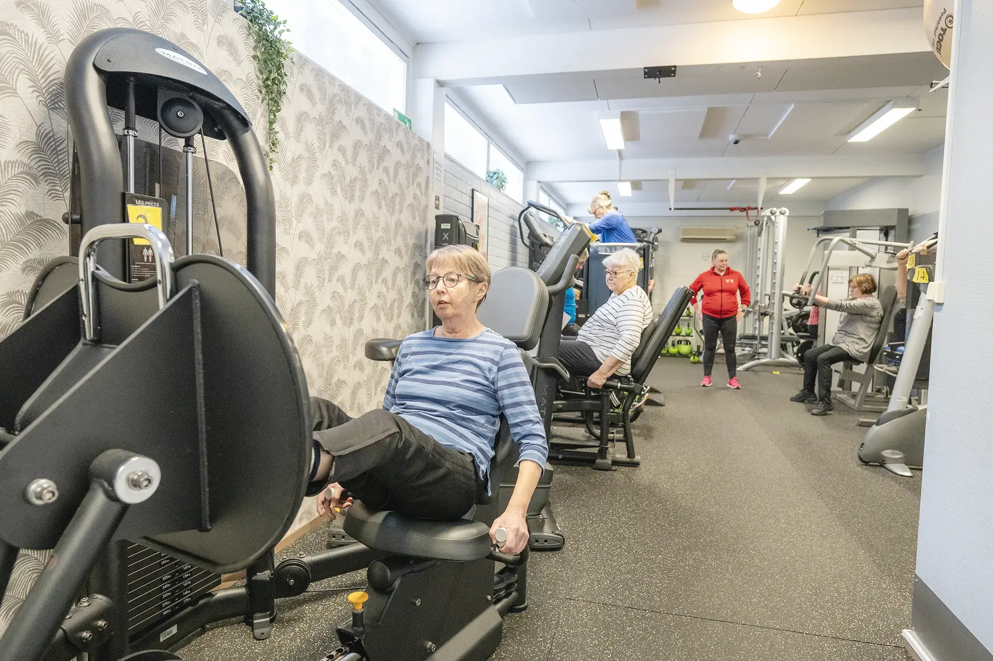 Ryhmä ihmisiä kuntoilemassa kuntosalilla yhdessä.