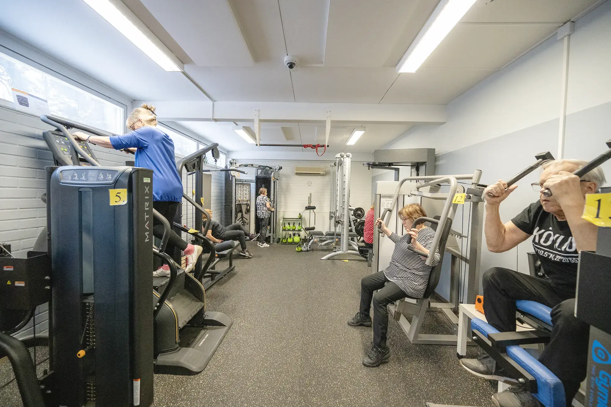 Ryhmä ihmisiä kuntoilemassa kuntosalilla yhdessä.