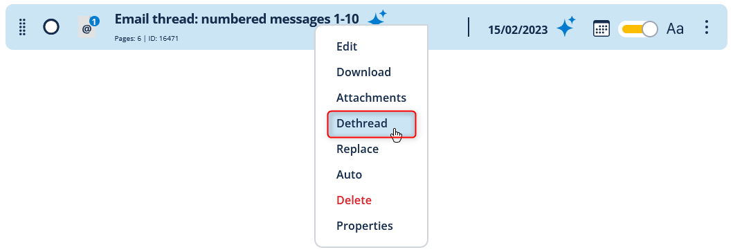 Screenshot of email dethreading