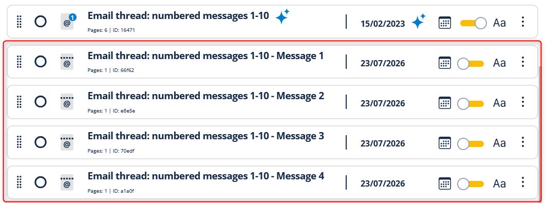 Screenshot of email being dethreaded