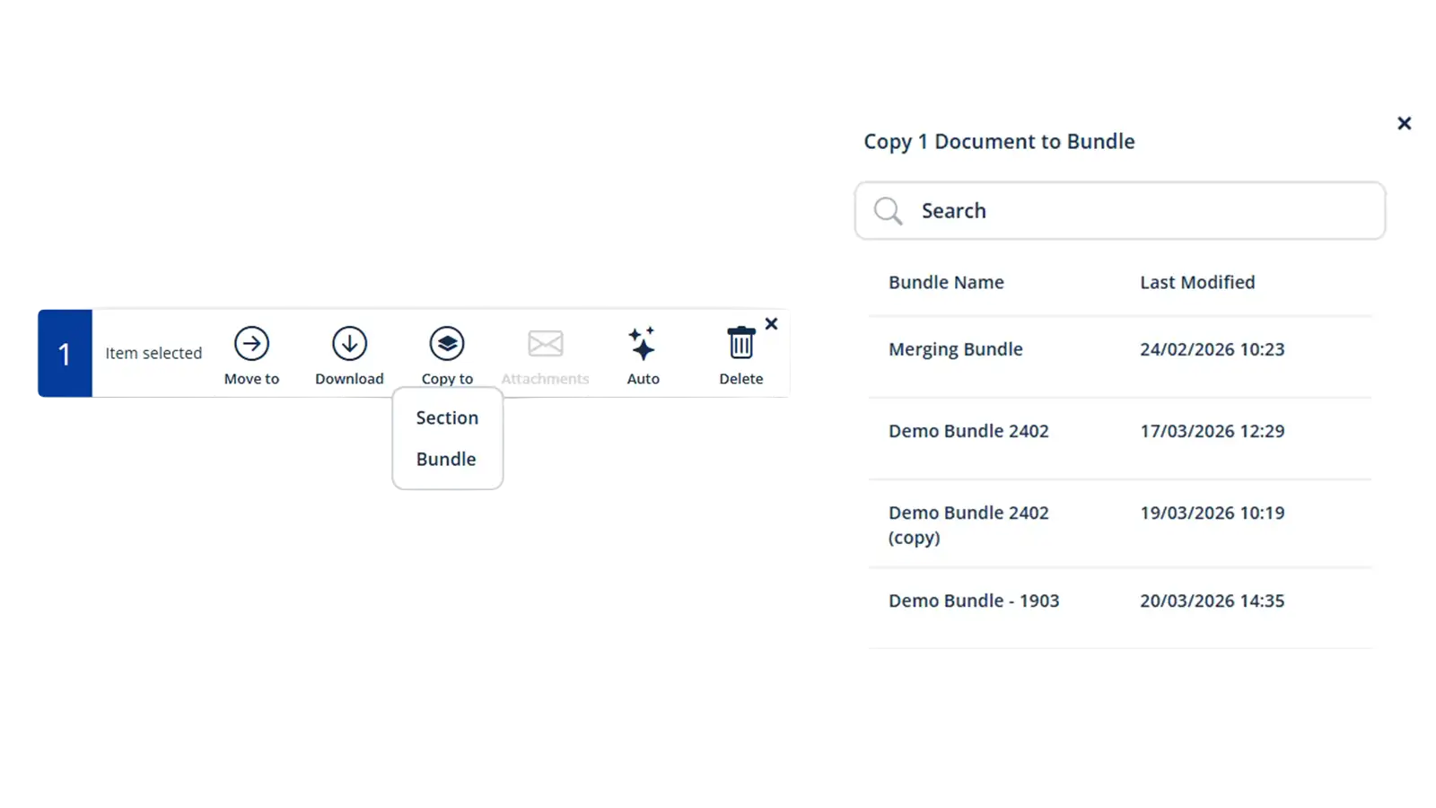Copy documents to a difference court bundle section