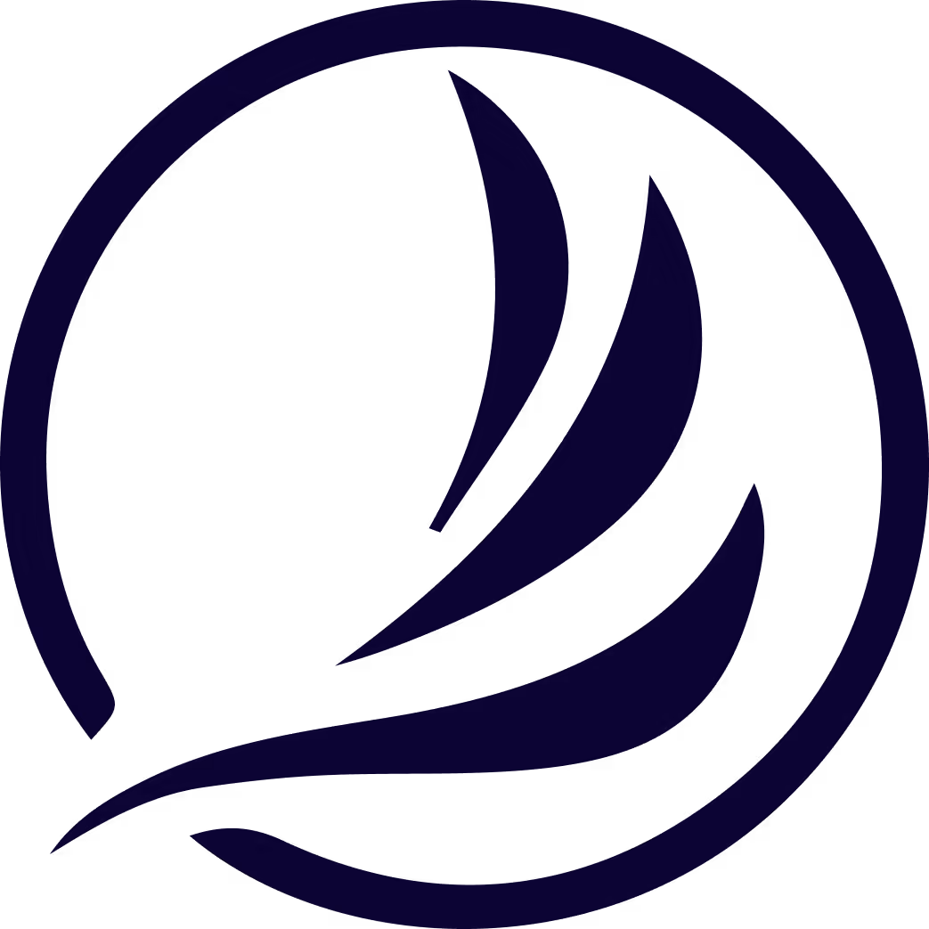 Dark blue abstract flame-like symbol enclosed in a circular outline on a transparent background.