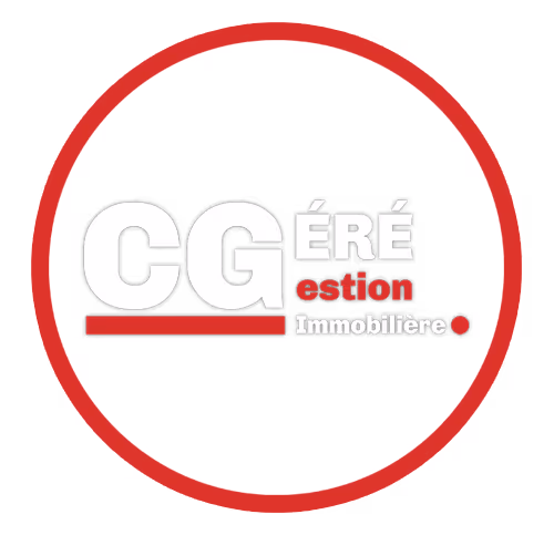 Logo with bold letters 'CG' followed by 'ÉRÉ' in white, 'estion' in red, and 'Immobilière' in white on a black background with red underline and dot.