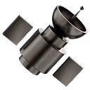 3D model of a satellite with large dish antenna and solar panels.