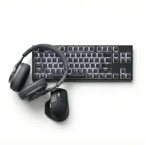 Schwarze Computer-Tastatur mit angeschlossenem Headset und Maus, dargestellt auf weißem Hintergrund.