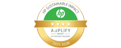 Logo der HP Amplify Impact Partner-Auszeichnung für nachhaltiges Engagement (HP Sustainable Impact), Goldsiegel für 2025–2026 mit vier Sternen.