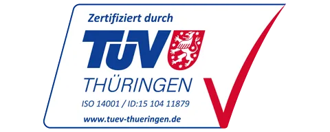 TÜV Thüringen-Zertifikat mit ISO 14001 / ID:15 104 11879, blau-rotes Logo mit Haken-Symbol.