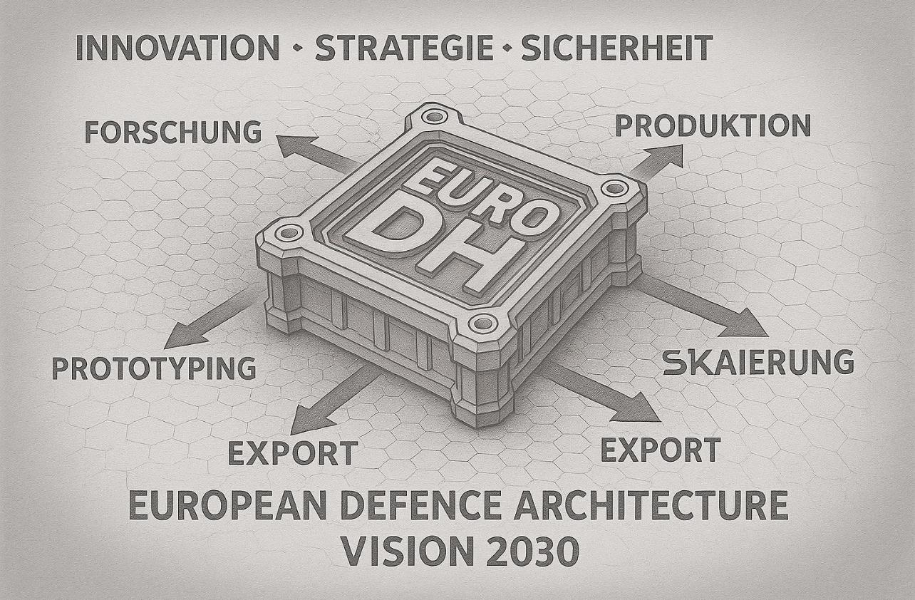 Illustration of a box labeled Euro DH with arrows pointing outward labeled Forschung, Produktion, Skalierung, Export, and Prototyping, under the heading European Defence Architecture Vision 2030.