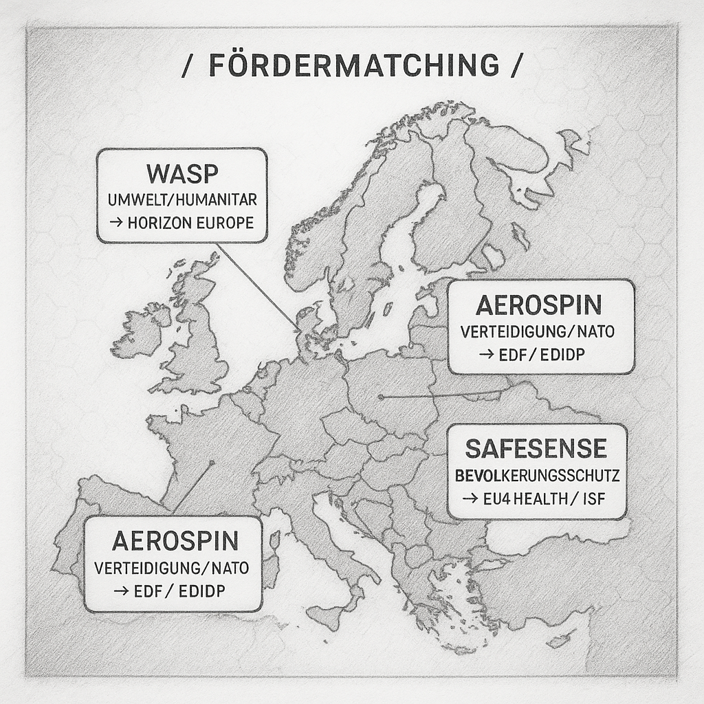 Map of Europe highlighting funding matching projects WASP in environmental/humanitarian, AEROSPIN in defense/NATO, and SAFESENSE in population protection.