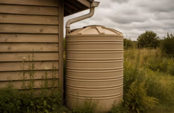 Großer Wasserbehälter neben einem Holzhaus in einem bewachsenen Garten unter einem bewölkten Himmel.