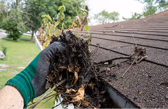 Hand in grünem Handschuh entfernt Laub und Schmutz aus Dachrinne an schrägem Schindeldach.
