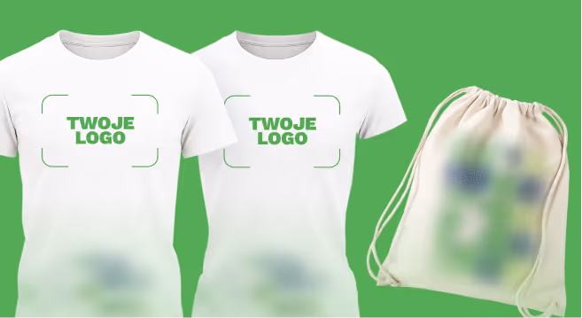 Two white t-shirts with green text reading 'TWOJE LOGO' on a green background next to a beige drawstring bag.