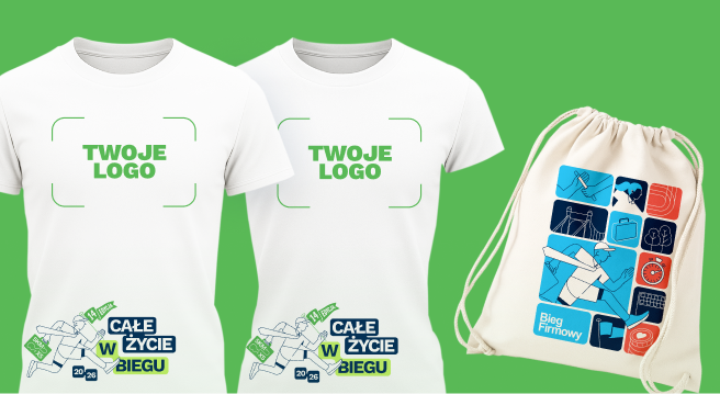 Two white t-shirts with green text reading 'TWOJE LOGO' on a green background next to a beige drawstring bag.