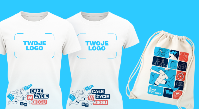 Two white T-shirts with blue text 'TWOJE LOGO' displayed side by side and a beige drawstring bag on a blue background.