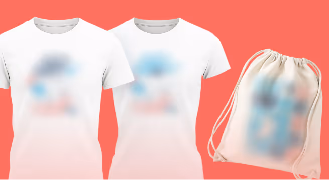Two white T-shirts and a drawstring bag with blurred colorful graphic designs on a coral background.